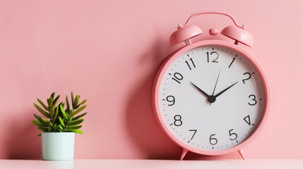 Pink vintage alarm clock with green plant against pink background. Charming decor for time management and tax season themes.
