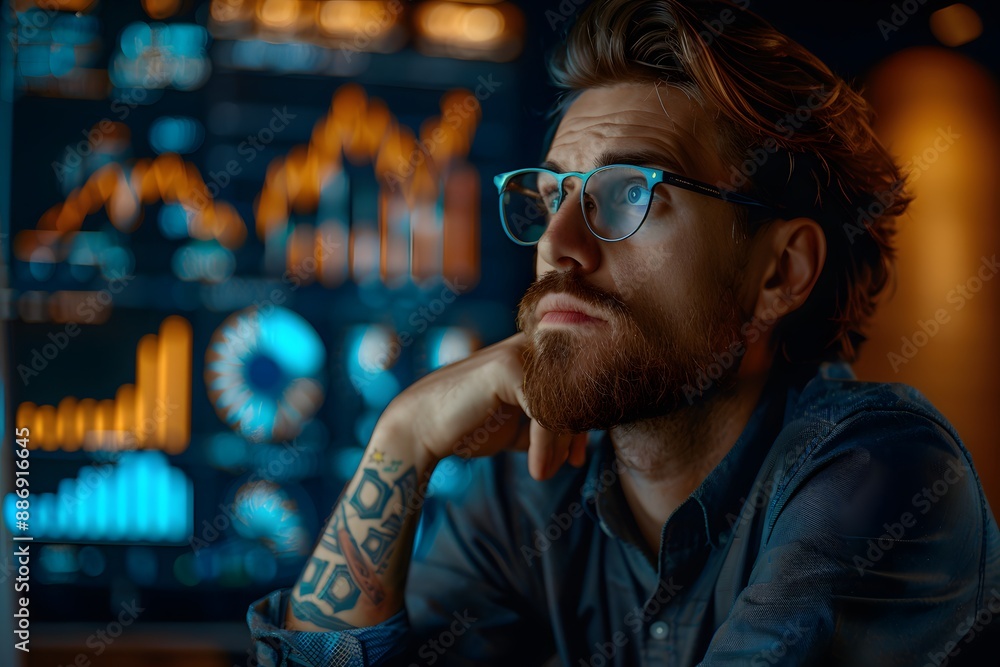 Poster pensive analyst contemplating data on multiple screens