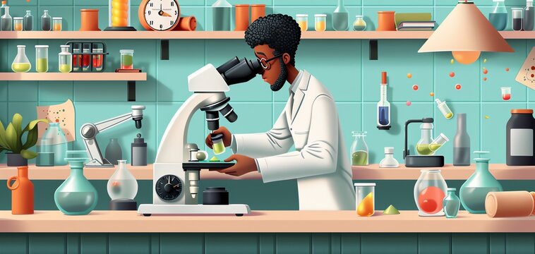 Scientist examining a sample under a microscope in a laboratory.