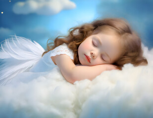 Little angel girl sleeping on the fluffy cloud