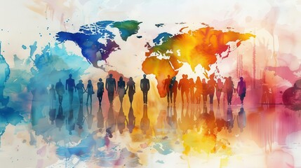 Obraz premium Abstract watercolor world map with silhouettes of people, representing global unity and diversity.