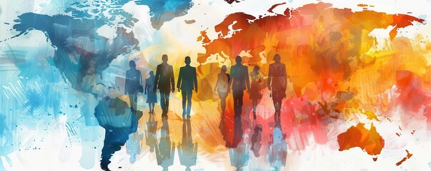 Abstract watercolor world map with silhouettes of people walking.