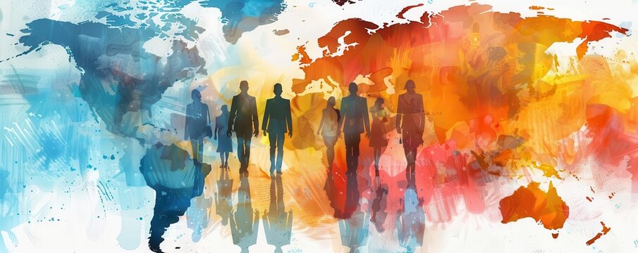 Fototapeta Abstract watercolor world map with silhouettes of people walking.