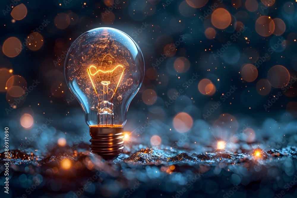 Aufkleber illuminated light bulb against a sparkling bokeh background