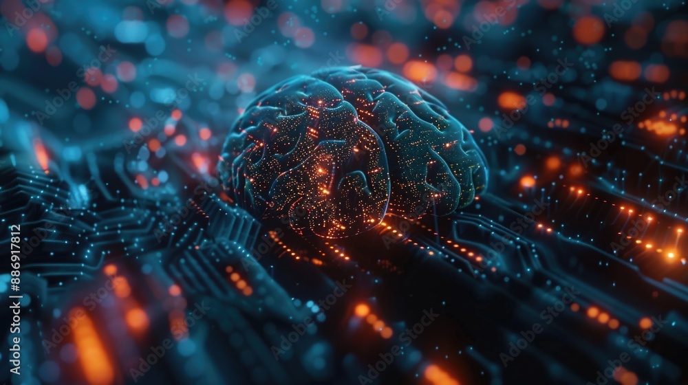Poster a detailed view of a human brain integrated into a computer circuit board