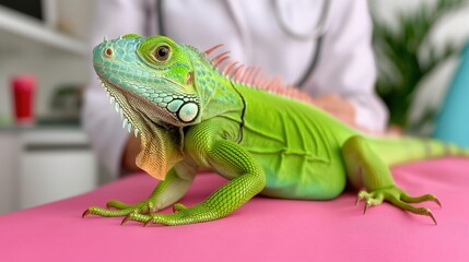 Fototapeta premium Modern vet clinic for exotic animals, cute iguana lizard with blurred veterinarian at the background.