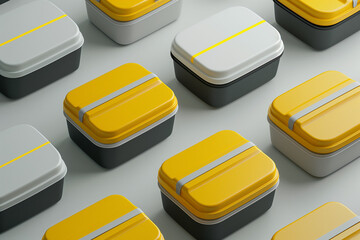 The lunch box is yellow-gray with 3D visualization, located on a monochrome background. pattern