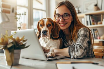 Woman enjoying work from home with her dog. Bright living room setting. Casual style. Perfect for lifestyle blogs and remote work articles. Generative AI