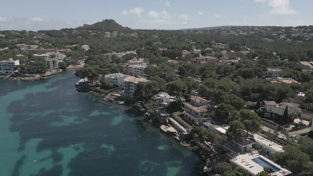 Aerial view of rocky shoreline, turquoise sea and Santa Ponsa, Majorca, Balearic Islands, Spain, Mediterranean, Europe