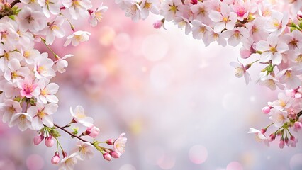 A pink background adorned with delicate cherry blossoms and pink petals, with copy space. Perfect for spring themes designs, and elegant, serene atmospheres