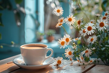 Serene Morning Coffee with Daisies by the Window