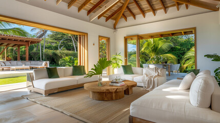Luxury villa with an open-concept living space and outdoor lounge.