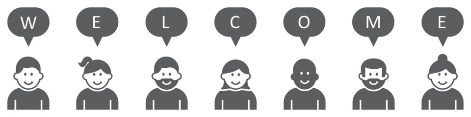 Set of people with speech bubbles and inscription welcome. Businessman and business women, business concept. Colorful welcome background with people. Vector illustration.