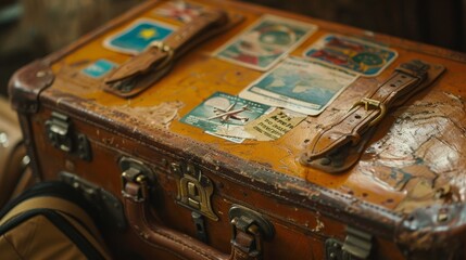 Obraz premium A macro shot of a vintage suitcase with travel stickers. 