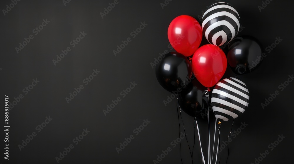 Poster A bunch of red and black balloons are arranged in a cluster. The balloons are black and red, and they are arranged in a way that they look like they are floating. The image has a festive