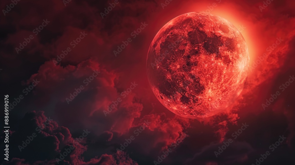 Poster image of a bright red full moon hidden behind clouds