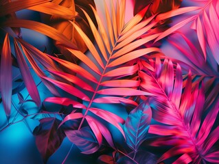 Tropical and palm leaves, in the corners in vivid bold holographic neon colors. Conceptual art. Minimalist surrealism background