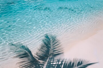 Turquoise water and palm shadows on a white sandy beach. Ideal for tropical travel and beach vacation themes.