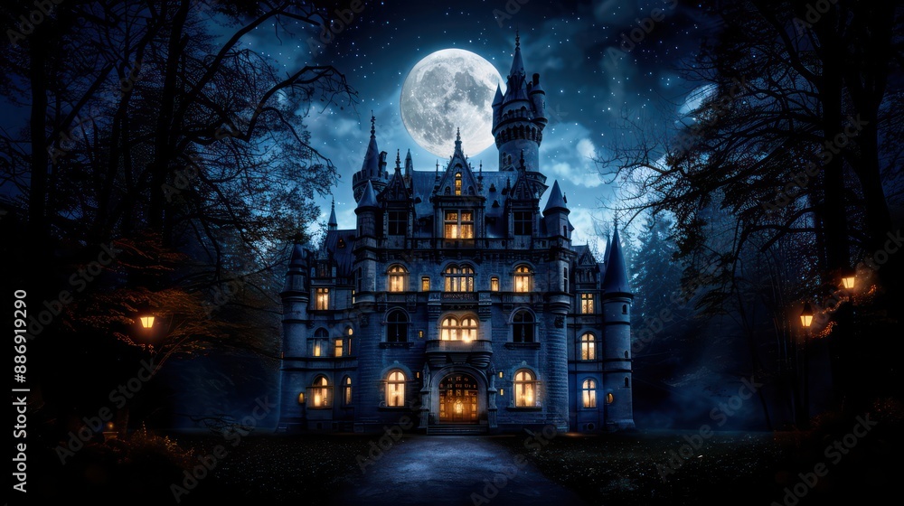 Poster a large castle with a full moon in the background. the castle is surrounded by trees and has a spook