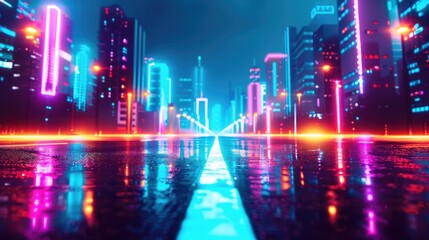 Fototapeta premium Futuristic cyberpunk cityscape with neon lights and reflections on wet pavement at night. Vibrant and colorful technology-inspired urban design.