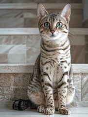 Close-up of an alert tabby cat with striking green eyes, sitting attentively on a stone staircase, looking directly at the camera.
