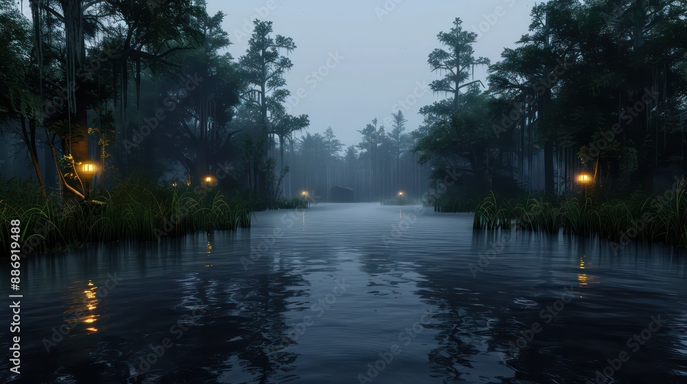 Poster A dark forest with a river running through it. The water is calm and the trees are illuminated by lights