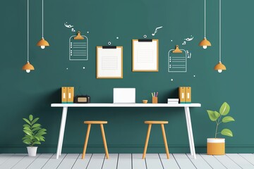 Back to school classroom, organized setup with colorful decorations, flat design illustration