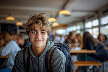 Fototapeta premium Portrait of smiling High School student boy with backpack, sitting in cafeteria with friends, back to school, copy space
