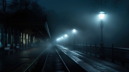 A train station at night with a foggy atmosphere. The lights are on and the station is empty