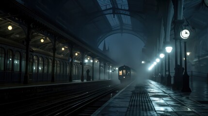 A train is at a station with a dark and foggy atmosphere. The train is the main focus of the image, and it is moving through the station. Scene is mysterious and somewhat eerie