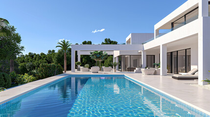 Fototapeta premium Modern villa featuring clean lines and an infinity pool.