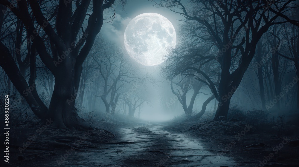 Poster a moon is shining in the sky above a forest. the moon is large and bright, illuminating the dark woo