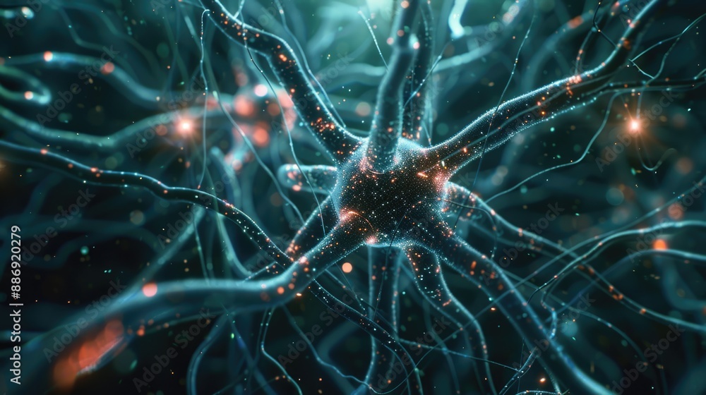 Poster A microscopic view of a cluster of neurons, with synapses and dendrites visible