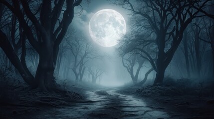 A moon is shining in the sky above a forest. The moon is large and bright, illuminating the dark woods. The scene is peaceful and serene, with the moonlight casting a soft glow on the trees