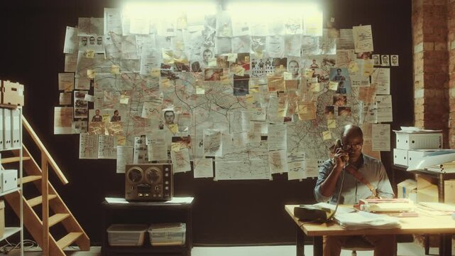 Senior Black detective talking on landline phone, then standing up and studying clues and evidences attached to investigation board during night in retro office