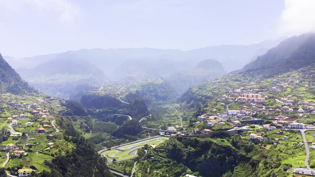 Madeira Portugal, Volcanic Landscape of Madeira Island. True 4K HDR Video. Madeira Drone, Madeira Aerial Video, Lush valley of Faial, Santana Region. A Village on North Coast of Madeira