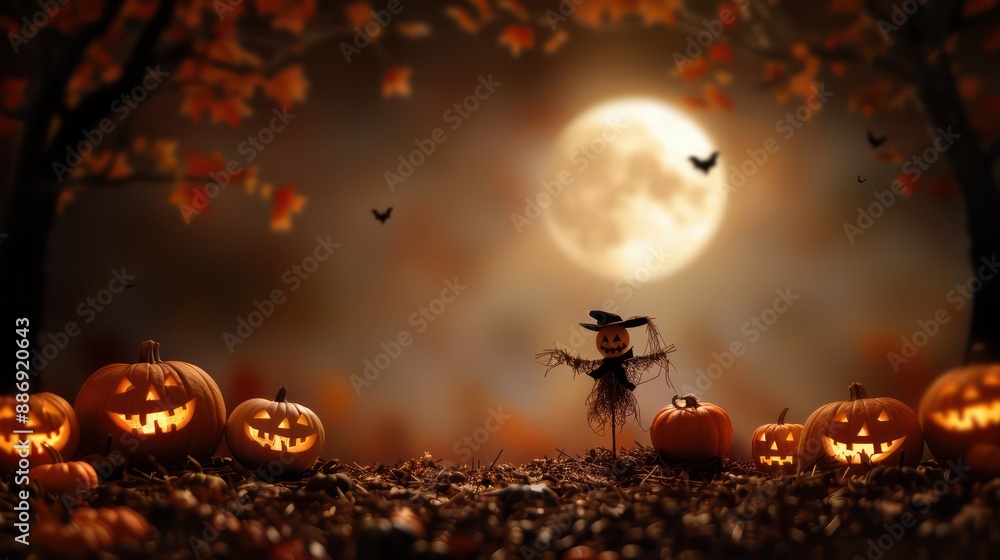 Poster a halloween scene with a scarecrow and pumpkins. the pumpkins are arranged in a row and the scarecro