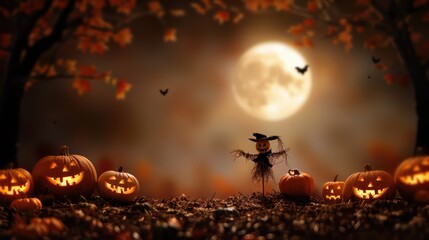 A Halloween scene with a scarecrow and pumpkins. The pumpkins are arranged in a row and the scarecrow is standing in the middle of them. The moon is visible in the background