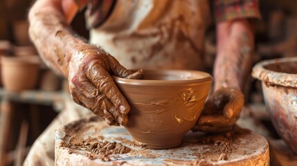 Skilled Artisan Shaping Clay Bowl on Pottery Wheel in Rustic Studio