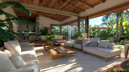 Fototapeta premium Luxury villa with an open-concept living space and outdoor lounge.
