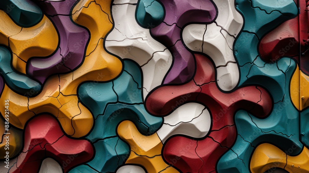 Aufkleber A colorful abstract painting with a lot of different shapes and colors. The painting is made up of many different pieces that are all different sizes and colors