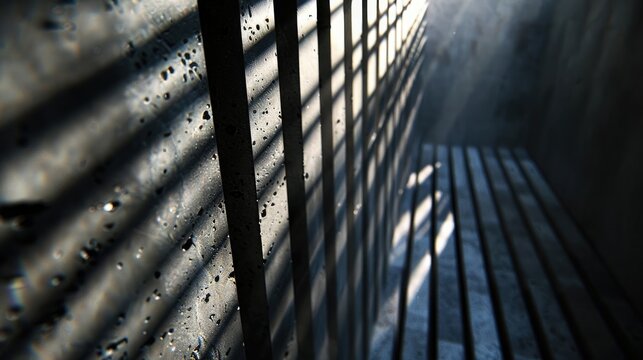 Vertical metal shapes in an industrial style, sun shining through gaps, monochromatic color scheme with sunlight highlights. Vertical geometric shapes sun reflection, background