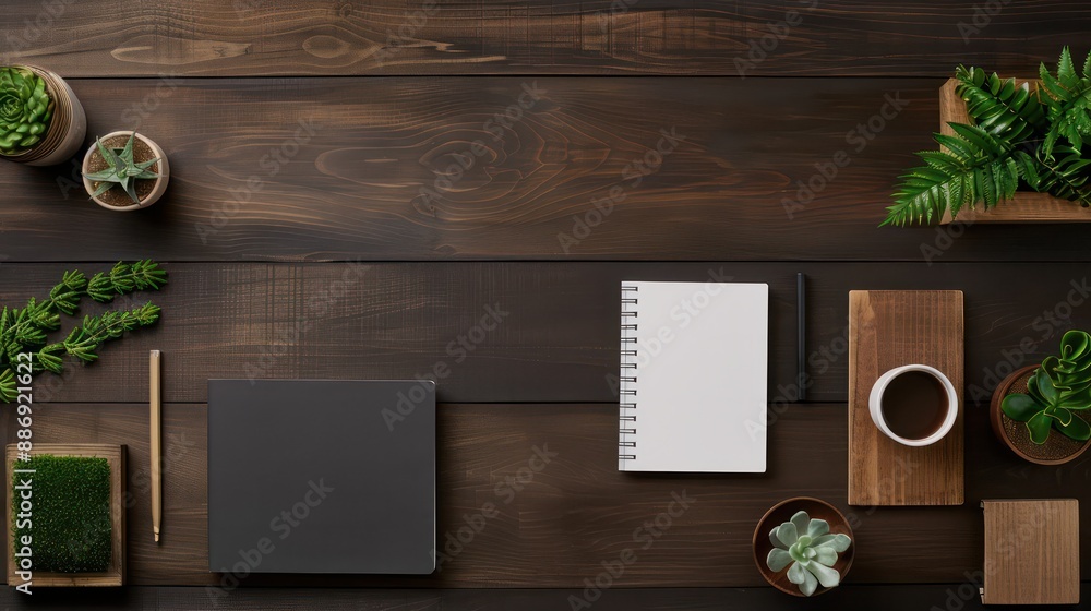 Aufkleber A wooden table with a black notebook and a white notebook on it. There are also two cups and a potted plant on the table