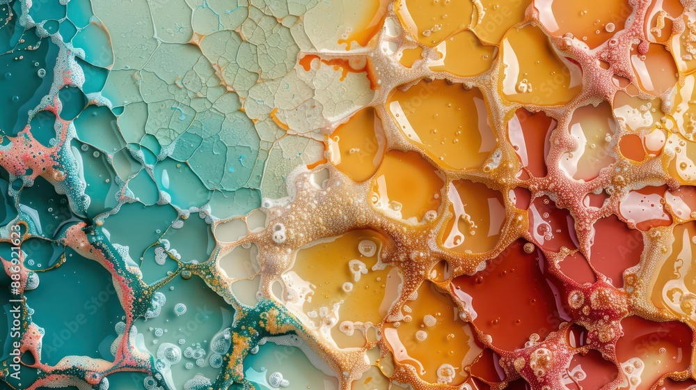 Poster a colorful painting with a blue and yellow background and orange and red splatters. the painting has