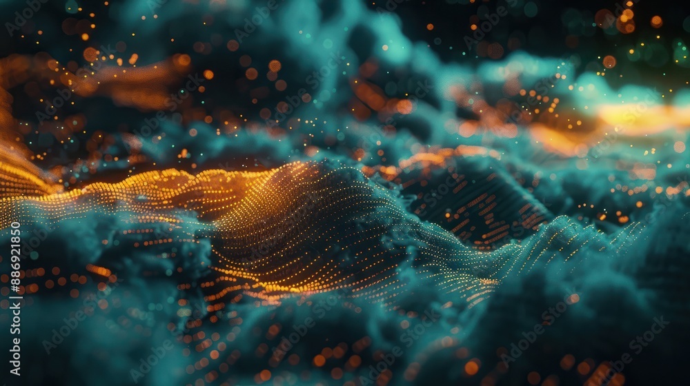 Poster a digital ecosystem: glowing information flows through a 3d cloud server network, generative ai