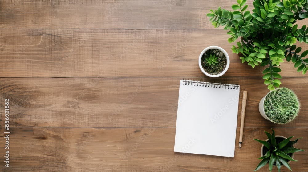 Poster a wooden table with a notebook, pen, and potted plants. the notebook is open to a blank page, and th