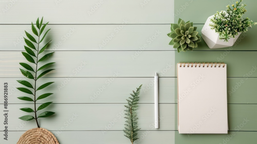 Poster a white notebook sits on a wooden table with a pen and a plant. the notebook is empty, and the pen i