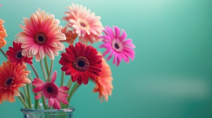 Colorful Barberton daisies in a vase on a green backdrop