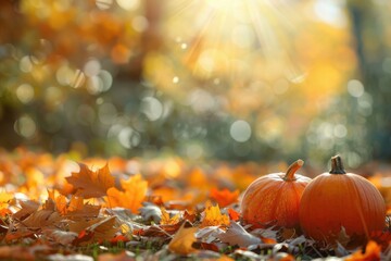 Colorful autumn decor featuring pumpkins & leaves in a natural, bright setting - a festive showcase of the fall season's beauty in a cozy setting
