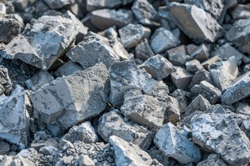 Close-up shot of recycled crushed concrete pile, textured debris with clear daylight, high-quality details, midday illumination